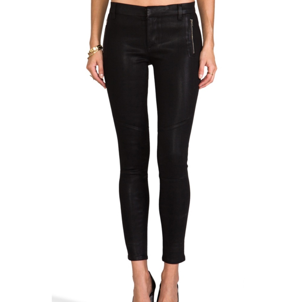 J BRAND LEATHER Moto skinny in coated black quartz